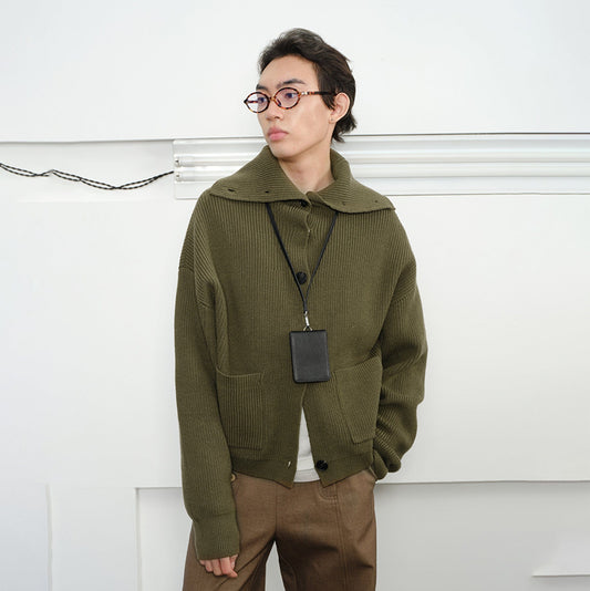 KREATE High-Collar Big-Pocket Button-Up Knitted Jacket