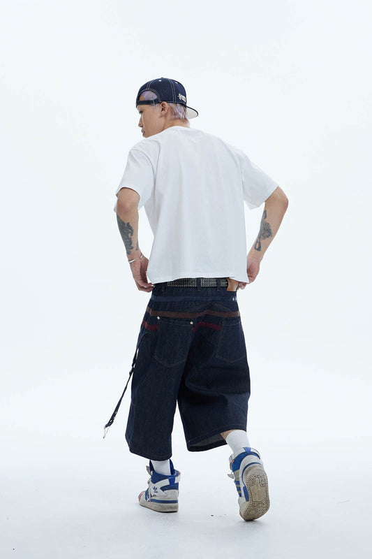 DND4DES Star-Rivet Harness-Layered Denim Shorts