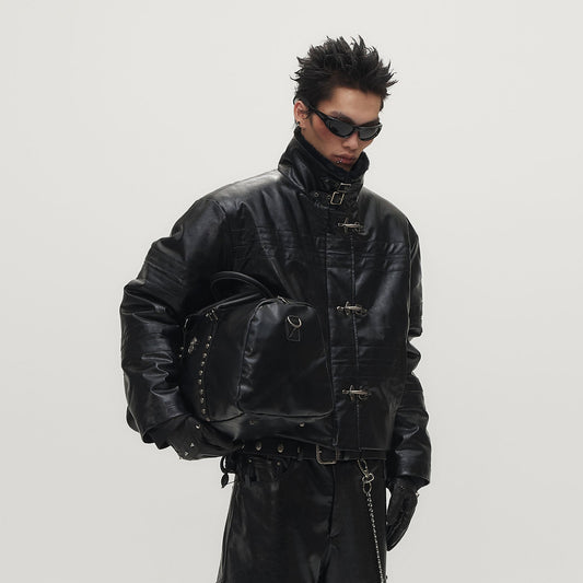 SAVAGEGROWTHWORLD Hook Buckle Faux Leather Puffer Jacket