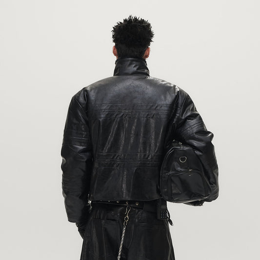 SAVAGEGROWTHWORLD Hook Buckle Faux Leather Puffer Jacket