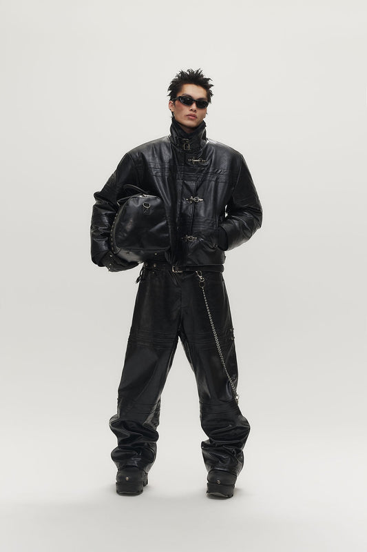 SAVAGEGROWTHWORLD Hook Buckle Faux Leather Puffer Jacket