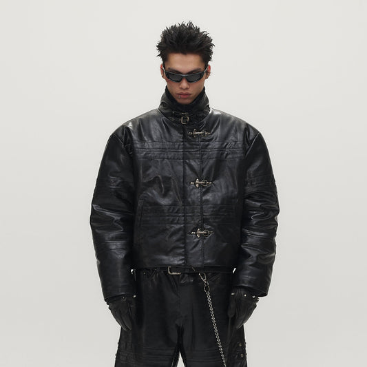 SAVAGEGROWTHWORLD Hook Buckle Faux Leather Puffer Jacket
