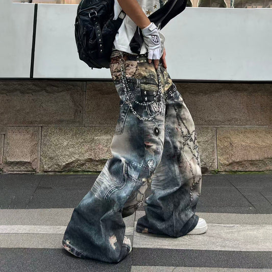 YIZILINGF Graphic Distressed Baggy Jeans