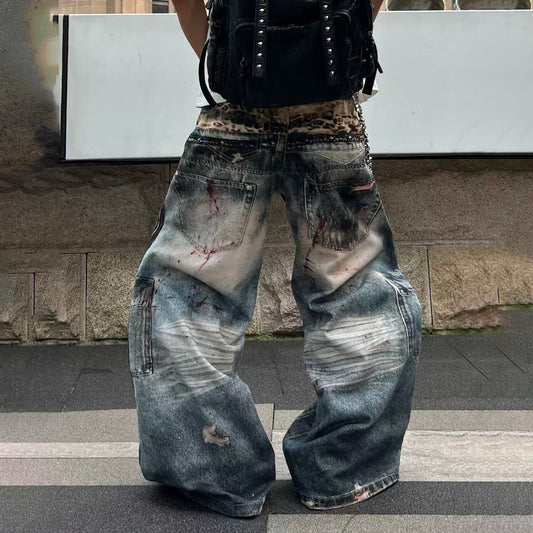 YIZILINGF Graphic Distressed Baggy Jeans