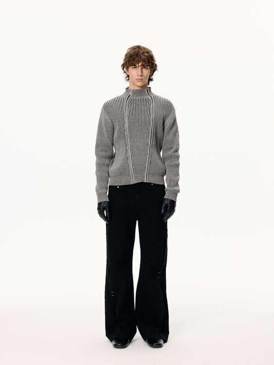 KREATE Double-Zip Ribbed Knit Stand-Collar Cardigan