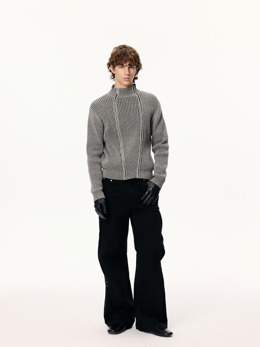 KREATE Double-Zip Ribbed Knit Stand-Collar Cardigan