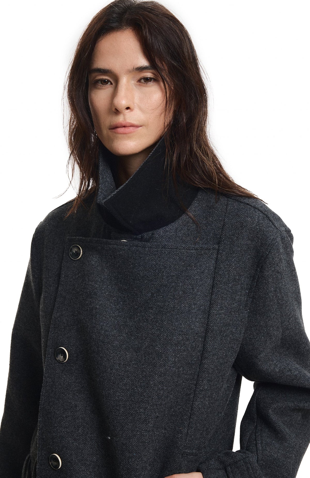 KREATE Wool-Blend Herringbone Double-Breasted Belted Coat