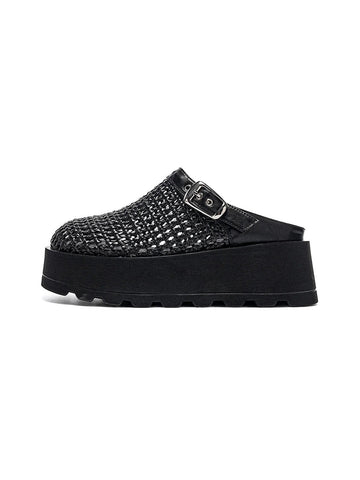 Woven Cut Out Platform Mules-Black