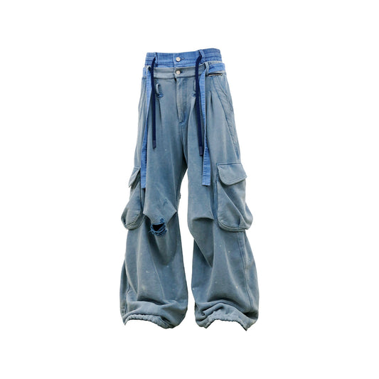 RELABEL Distressed Splatter Double-Waist Cargo Pants