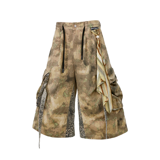 RELABEL Detachable Scarf Camo Leopard Panel Oversized Shorts