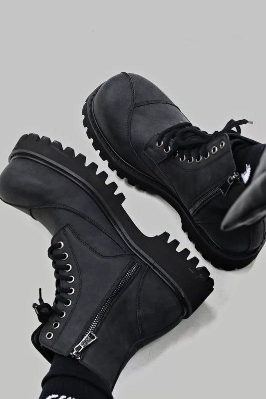 Black Suede Combat Boots with Lug Sole