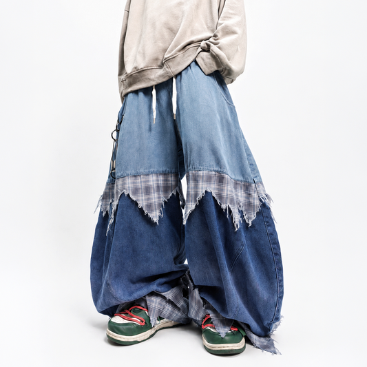 UUCSCC Spliced Distressed Plaid Wide-Leg Jeans