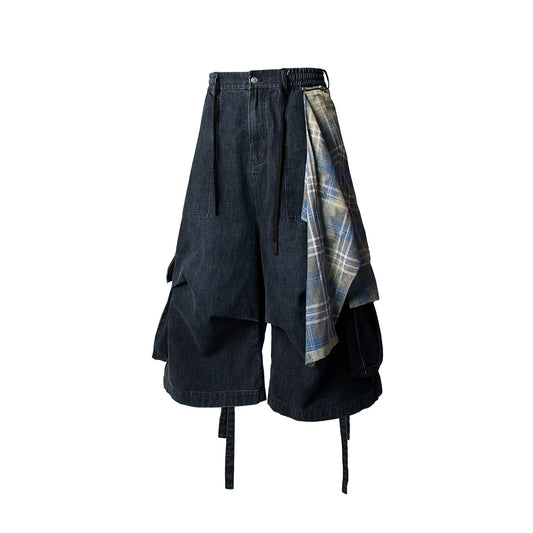 RELABEL Detachable Plaid Drape Denim Shorts