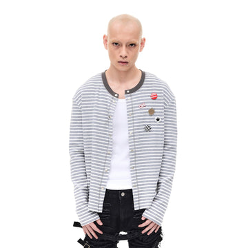 WHISTLEHUNTER Striped Badge Snap Slim Cardigan