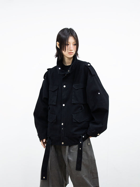 RELABEL Retro Multi-Pocket Snap-Hem Convertible Jacket Black