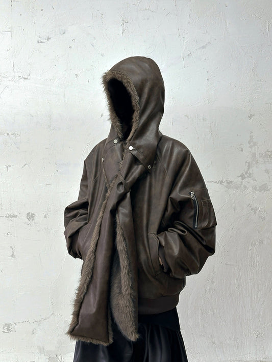RELABEL Detachable Plush Scarf Ruched Hooded Jacket Brown