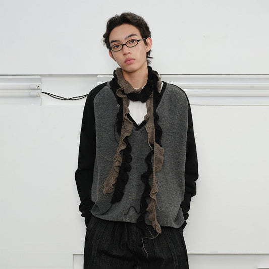 KREATE V-Neck Buttoned Color-Blocked Sweater