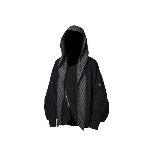 RELABEL Detachable Plaid Hood Jacket Black