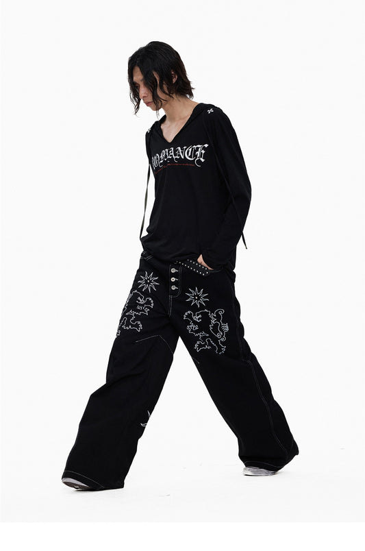 Starlight Embroidery Black Wide Pants