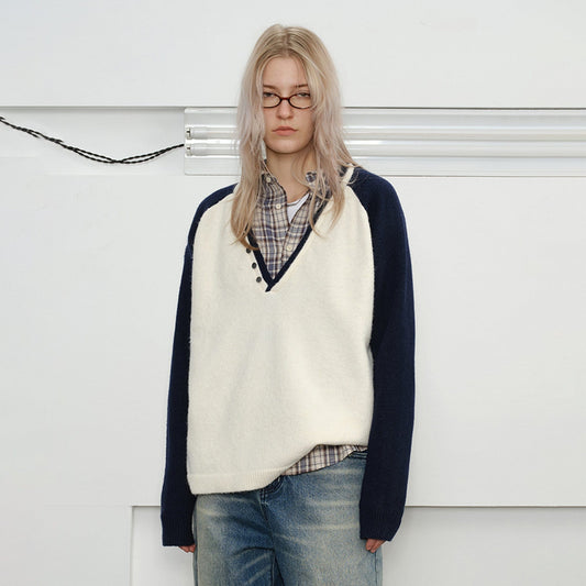 KREATE V-Neck Buttoned Color-Blocked Sweater