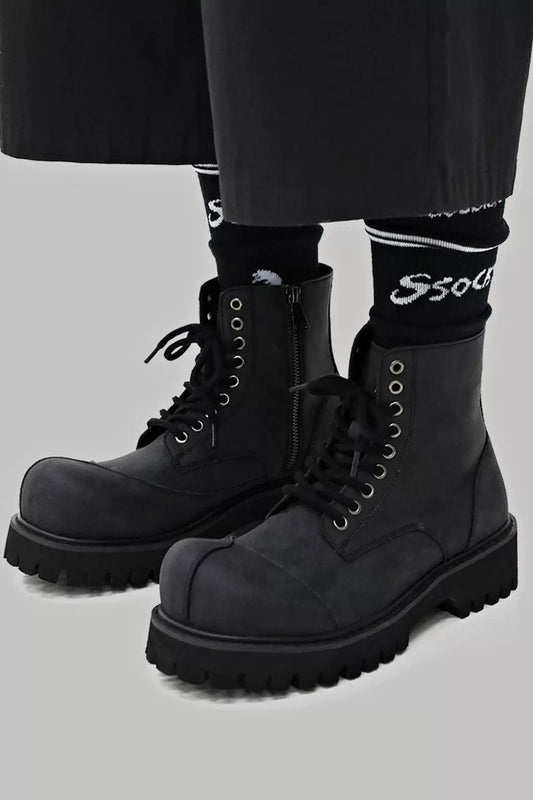 Black Suede Combat Boots with Lug Sole