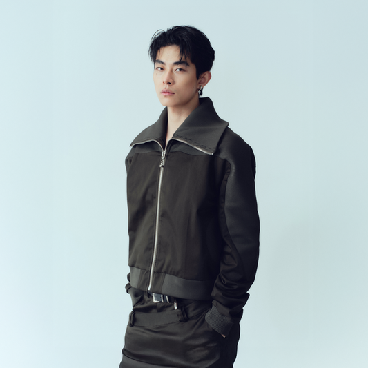 KADAKADA Rib-Spliced Stand-Collar Cropped Jacket