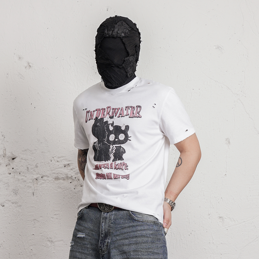 UNDERWATER Distressed Black Cat Graphic T-Shirt