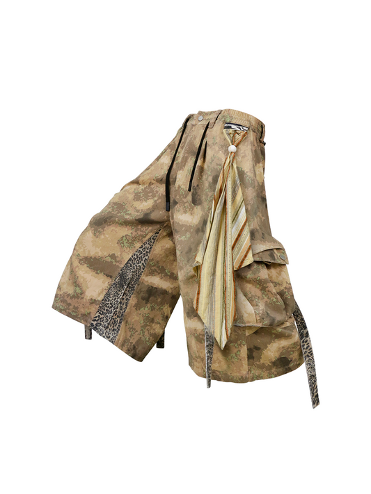 RELABEL Detachable Scarf Camo Leopard Panel Oversized Shorts
