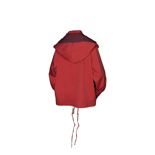 RELABEL Detachable Hood Beaded Ruched Shirt Red