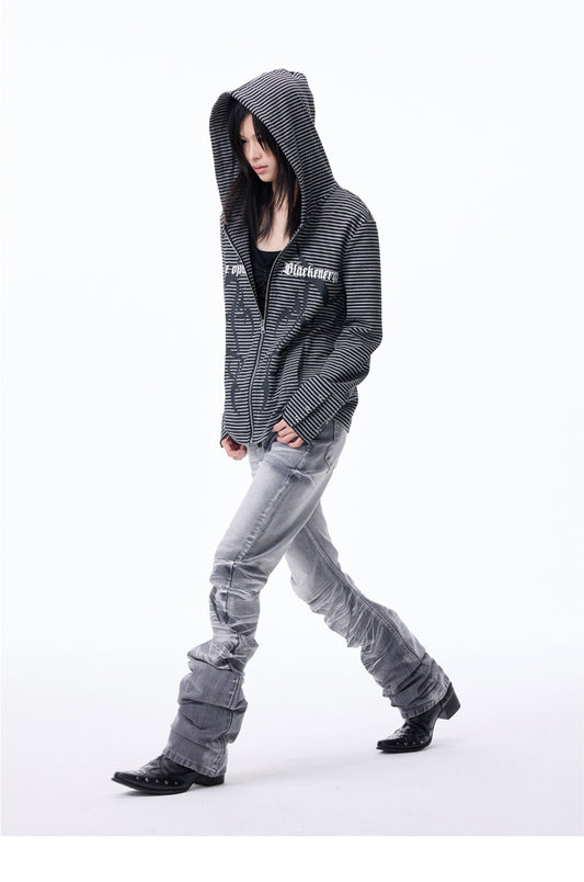 Striped Print Hooded Sweatshirt Zip-up Cardigan