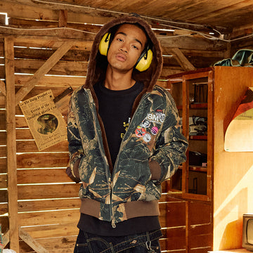 DONSMOKE Faux Fur Lined Camo Hooded Jacket