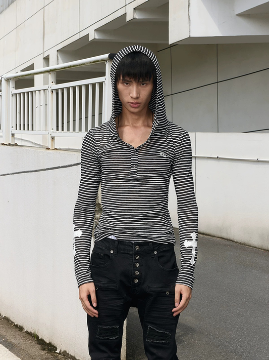 Striped Print Hoodie, Slim Fit, Long Sleeve