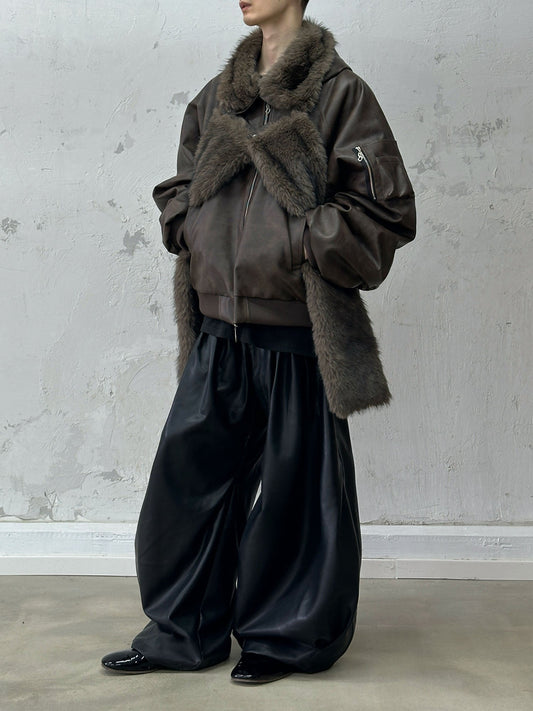 RELABEL Detachable Plush Scarf Ruched Hooded Jacket Brown