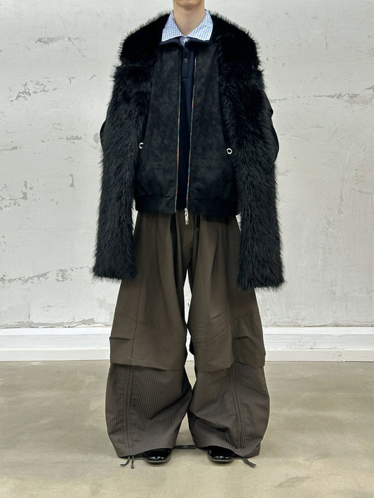 RELABEL Detachable Plush Scarf Hooded Suede Jacket Black
