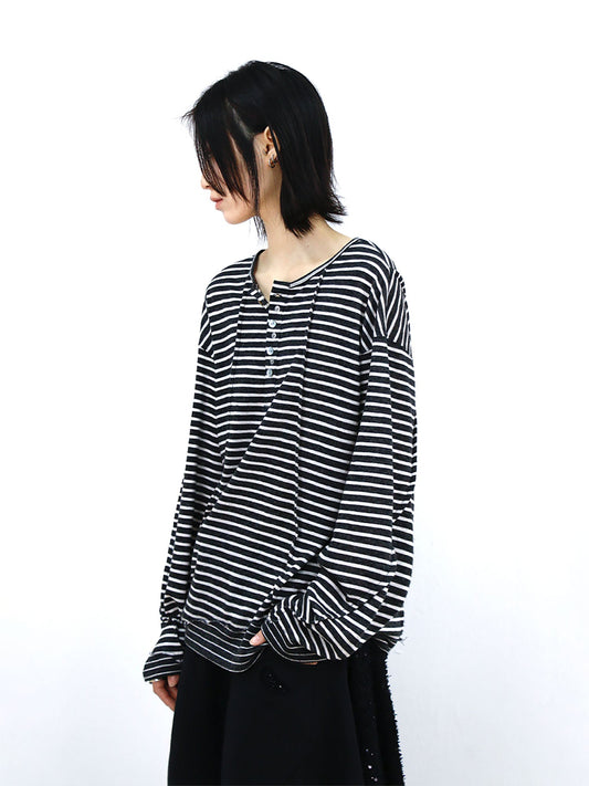 RELABEL Striped Pleated Henley Long-Sleeve Tee