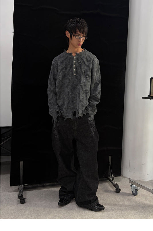 Button-down Crewneck Sweater Loose-fit Top