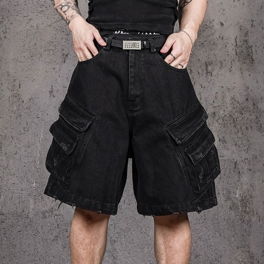 UNDERWATER Layered-Pocket Distressed Denim Shorts