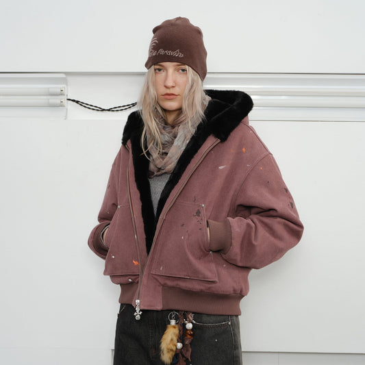 KREATE Rivet Zipper Paint-splattered Fleece-Lined Hooded Jacket