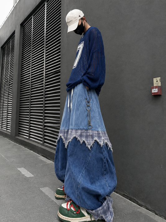 UUCSCC Spliced Distressed Plaid Wide-Leg Jeans