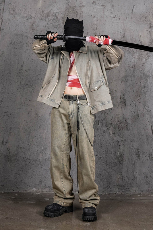 UNDERWATER Acid Wash Zipper Biker Jacket