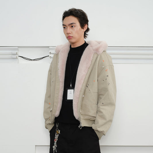 KREATE Rivet Zipper Paint-splattered Fleece-Lined Hooded Jacket