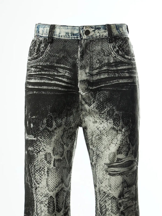 3D Snake Print Flare Jeans