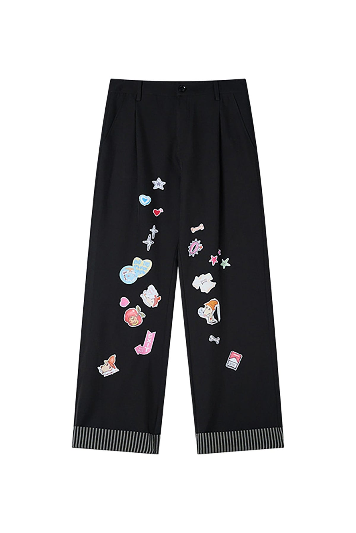 DONSMOKE Puppy Sticker Fold Striped Hem Trousers