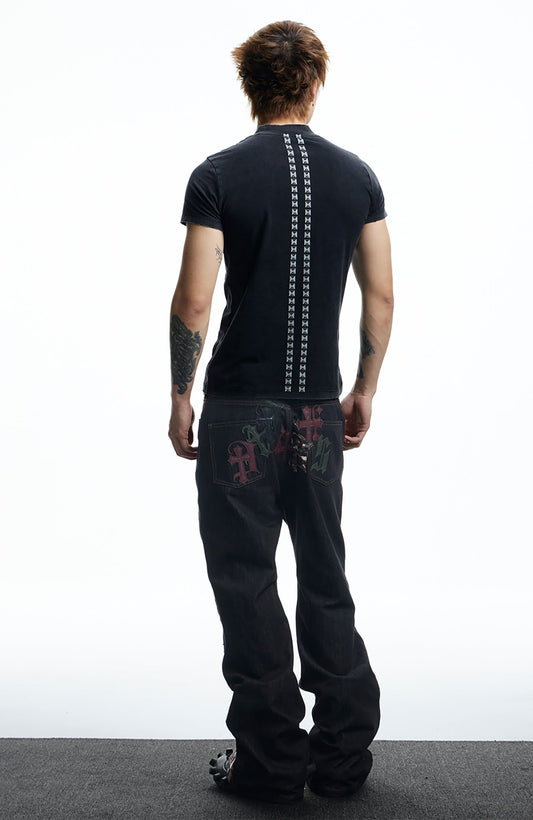 DND4DES Gothic Camo Patchwork Raw Denim Pants