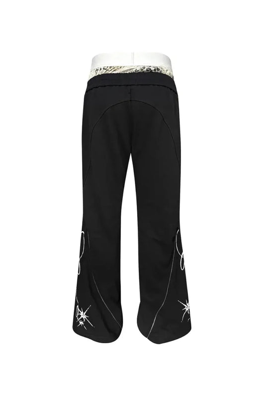 Calligraphy Leopard Double Waistband Side Zip Flared Sweatpants