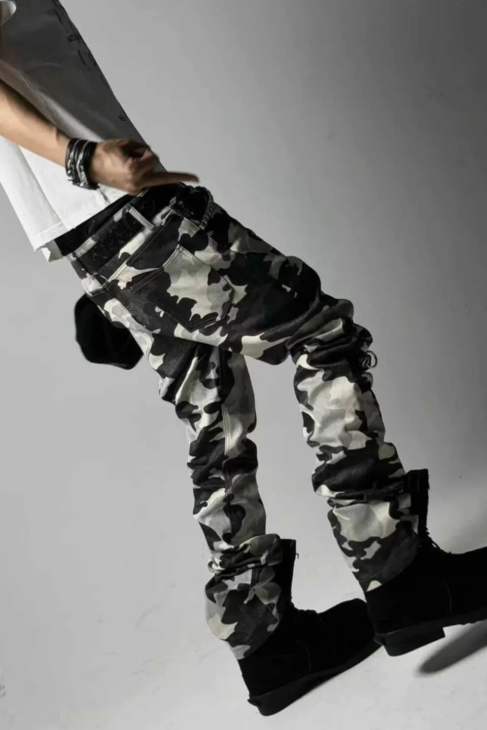 Coated White Camo Studded Straight Jeans
