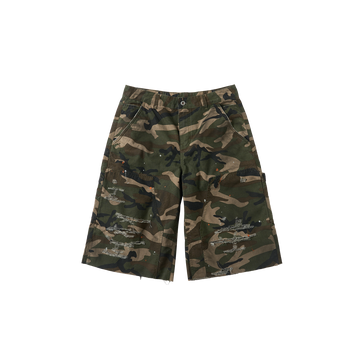 SAVAGEGROWTHWORLD Distressed Paint-Splatter Camo Shorts
