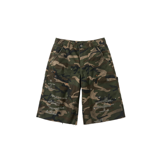 SAVAGEGROWTHWORLD Distressed Paint-Splatter Camo Shorts