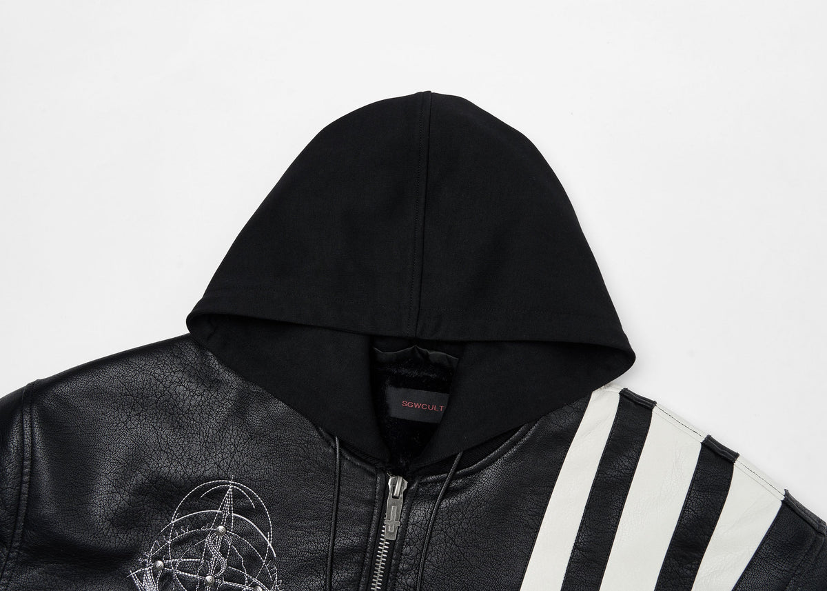 SAVAGEGROWTHWORLD Striped Faux Leather Padded Bomber Jacket