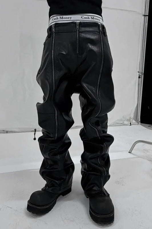 Double Zip Faux Leather Flare Pants